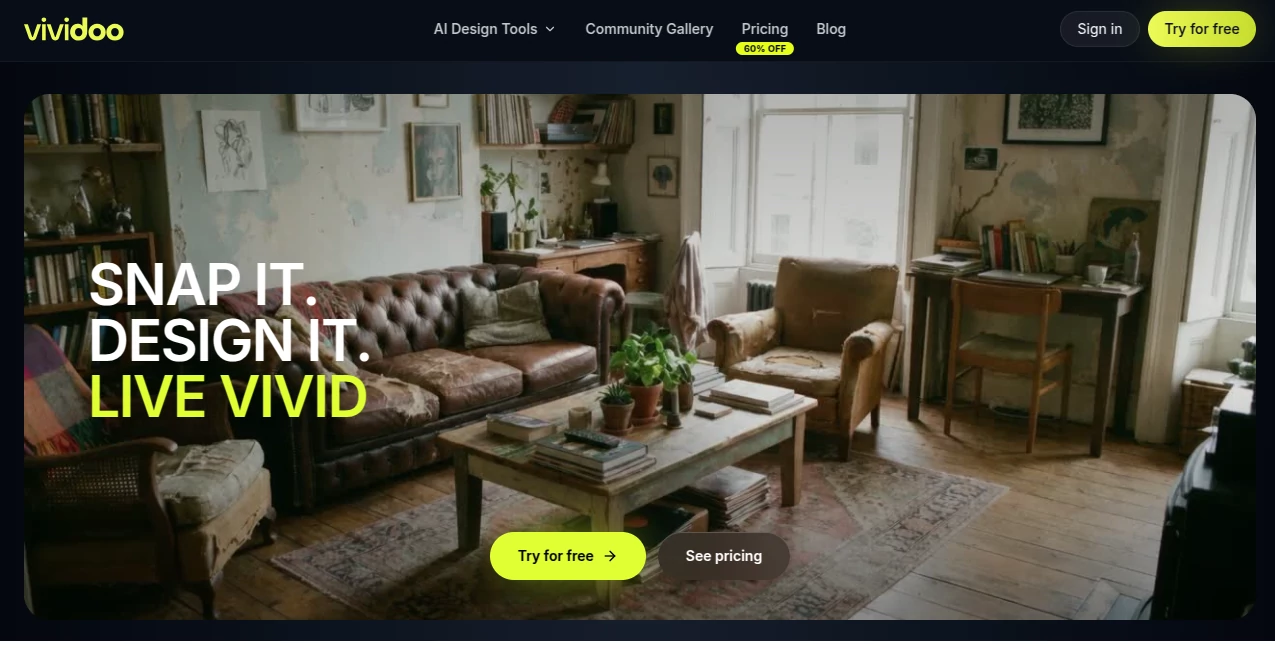 Screenshot of Vividoo – An AI tool in the ,AI Interior & Room Design ,AI Photography ,AI Graphic Design ,AI Design Generator  category, showcasing its interface and key features.