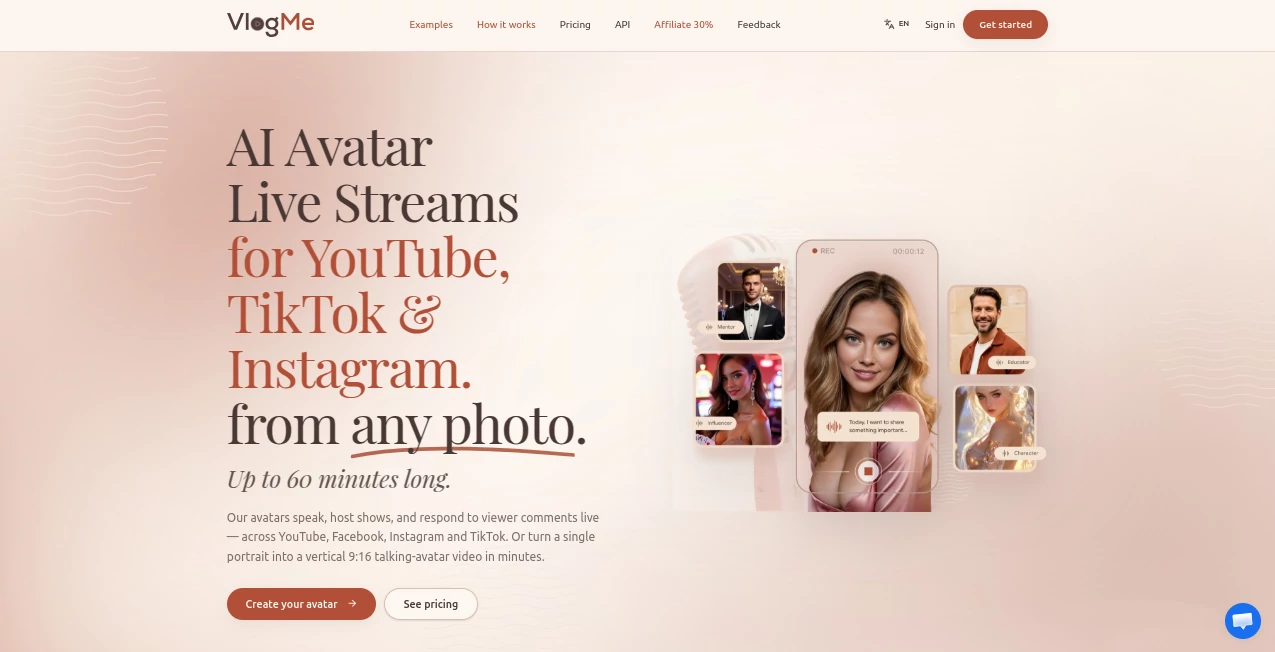 Screenshot of Vlogme AI – An AI tool in the ,AI Content Generator ,AI UGC Video Generator ,AI Video Generator ,AI Short Clips Generator  category, showcasing its interface and key features.