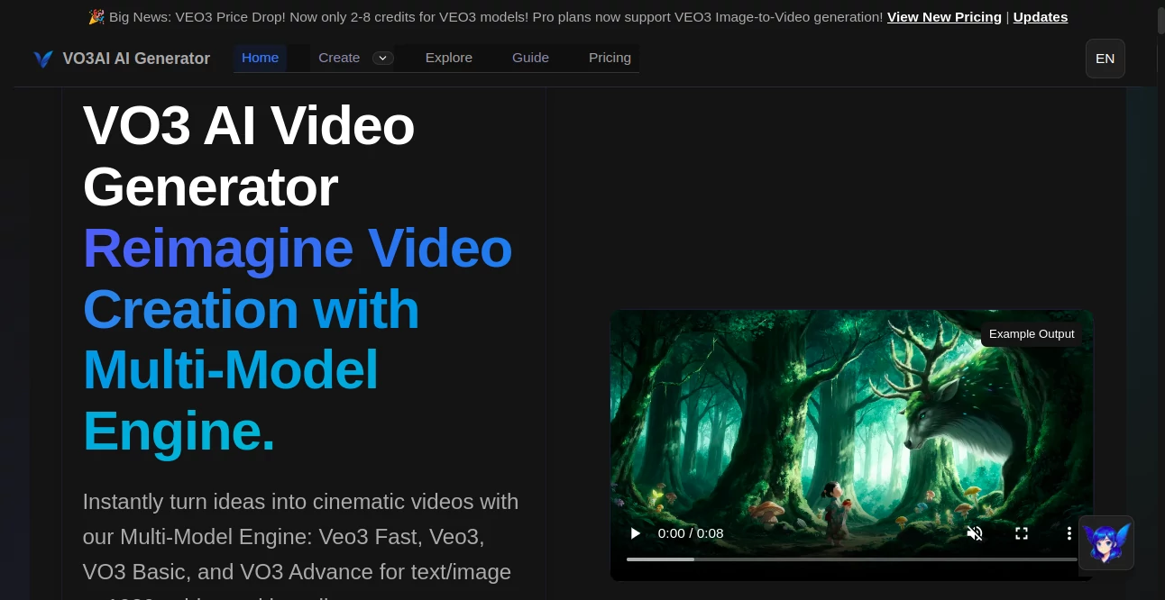 Screenshot of VO3 AI Video Generator – An AI tool in the ,AI Animated Video ,AI Image to Video ,AI Video Generator ,AI Text to Video  category, showcasing its interface and key features.