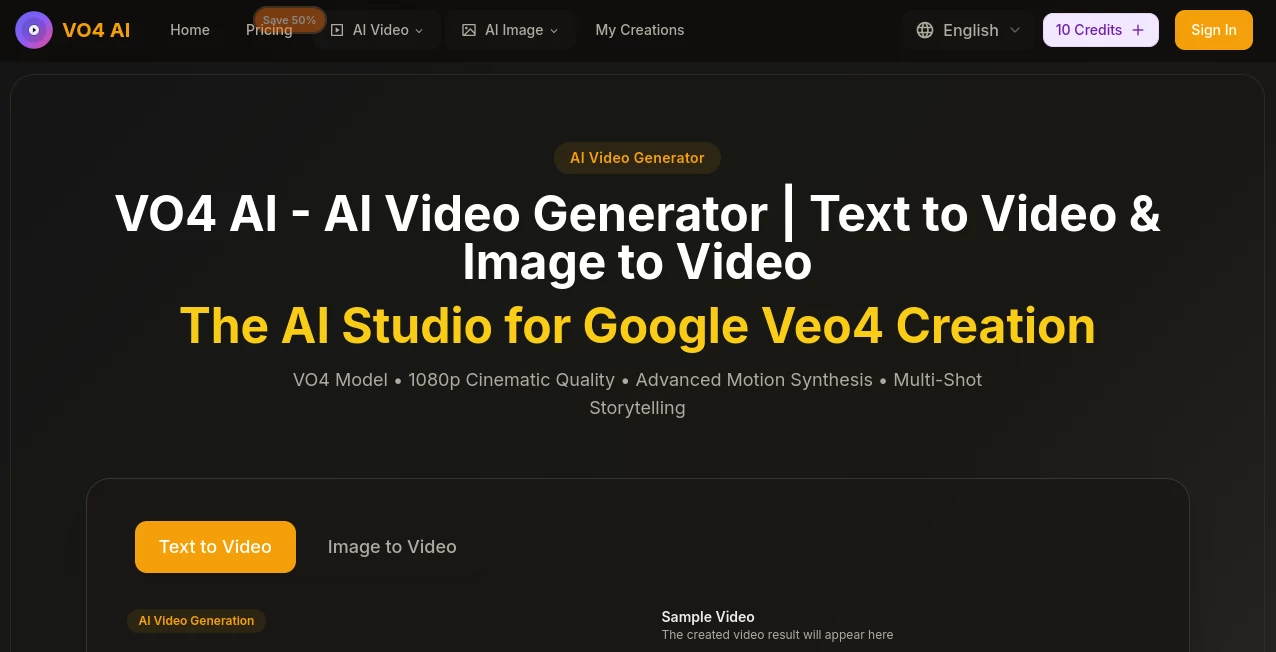 Screenshot of VO4 AI – An AI tool in the ,AI Animated Video ,AI Image to Video ,AI Video Generator ,AI Text to Video  category, showcasing its interface and key features.