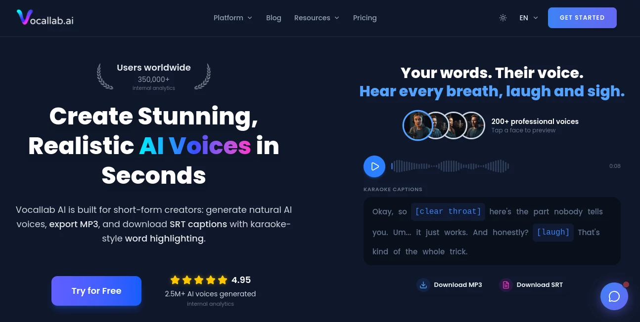 Screenshot of Vocallab AI – An AI tool in the ,AI Text to Speech ,AI Voice & Audio Editing ,AI Voice Cloning ,AI Speech Synthesis  category, showcasing its interface and key features.