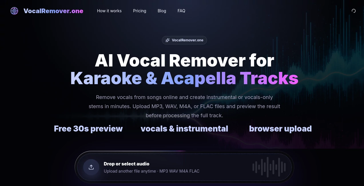 Screenshot of Vocal Remover – An AI tool in the ,AI Music Generator ,AI Speech to Text ,AI Voice & Audio Editing ,AI Voice Changer  category, showcasing its interface and key features.