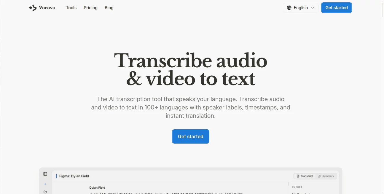 Screenshot of Vocova – An AI tool in the ,AI Transcription ,AI Transcriber ,AI Speech to Text ,AI Voice & Audio Editing  category, showcasing its interface and key features.
