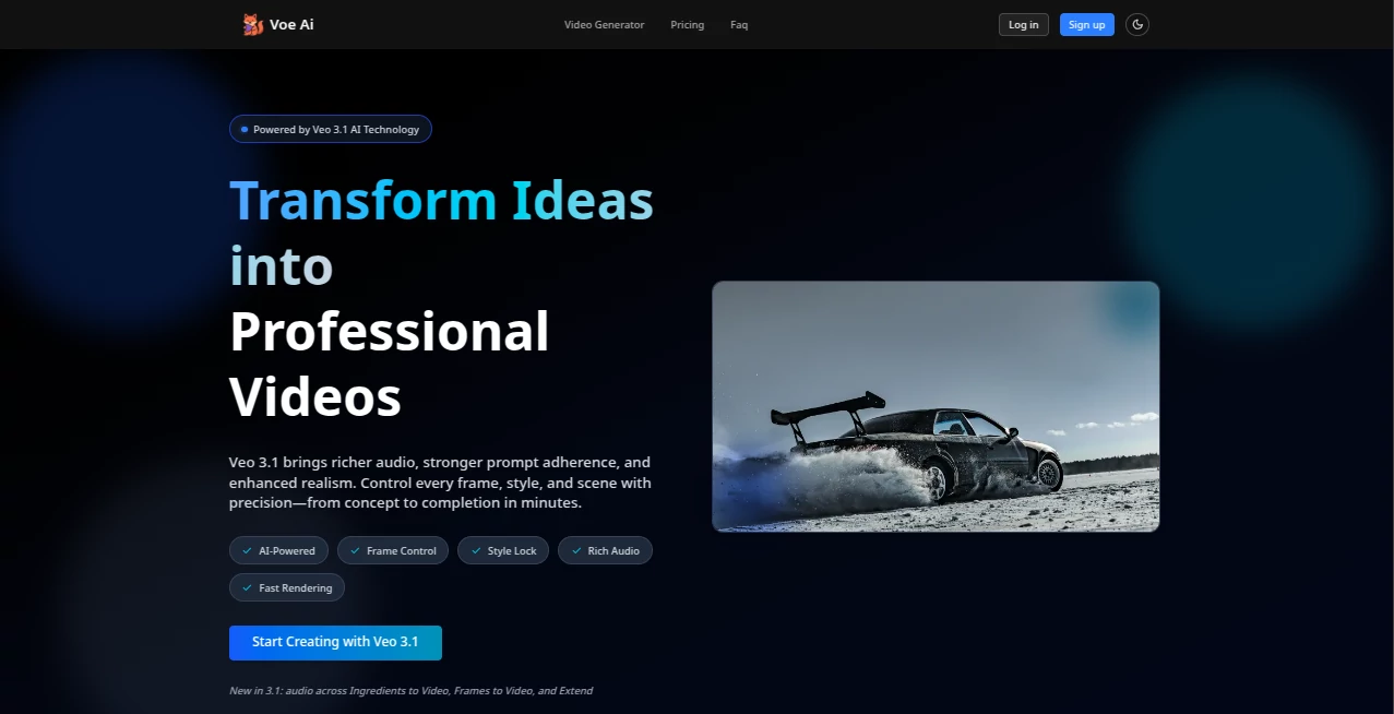 Screenshot of Voe Ai – An AI tool in the ,AI Animated Video ,AI Image to Video ,AI Video Generator ,AI Text to Video  category, showcasing its interface and key features.