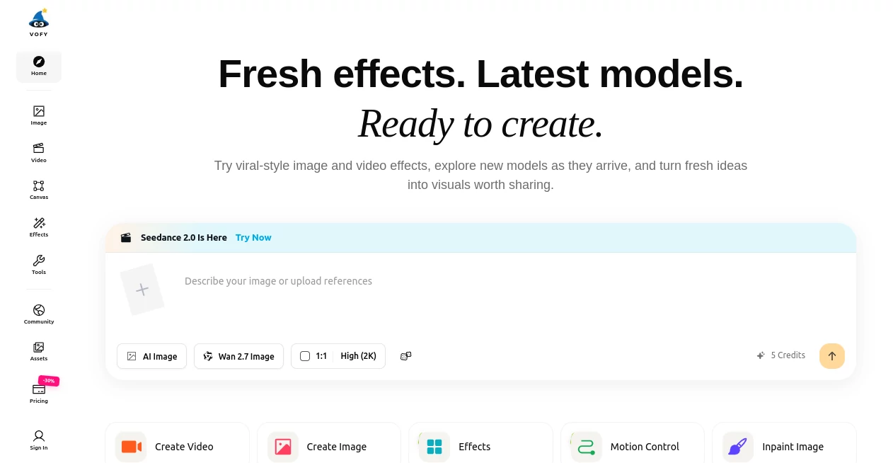 Screenshot of Vofy – An AI tool in the ,AI Photo & Image Generator ,AI Image to Video ,AI Video Generator ,AI Design Generator  category, showcasing its interface and key features.
