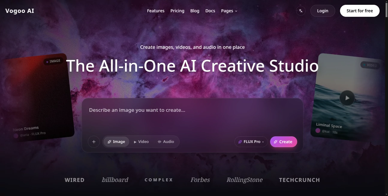 Screenshot of Vogoo AI – An AI tool in the ,AI Creative Writing ,AI Image to Video ,AI Video Generator ,AI Text to Video  category, showcasing its interface and key features.