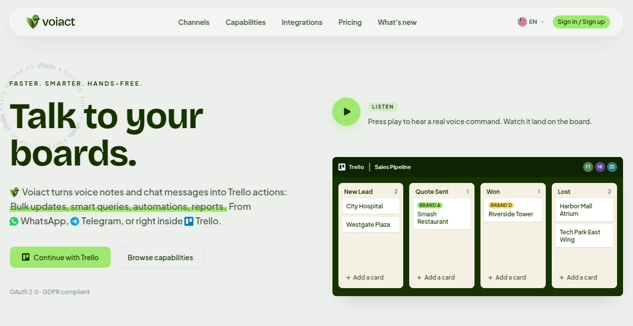 Screenshot of voiact – An AI tool in the ,AI Task Management ,AI Team Collaboration ,AI Workflow Management ,AI Project Management  category, showcasing its interface and key features.