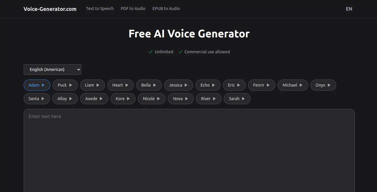 Screenshot of Voice-Generator.com – An AI tool in the ,AI Text to Speech ,AI Voice & Audio Editing ,AI Speech Synthesis ,AI Voice Assistants  category, showcasing its interface and key features.