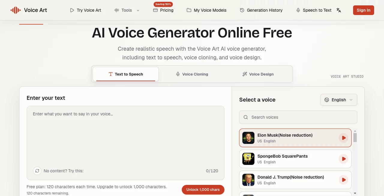 Screenshot of Voice Art – An AI tool in the ,AI Audio Enhancer ,AI Text to Speech ,AI Voice & Audio Editing ,AI Voice Assistants  category, showcasing its interface and key features.