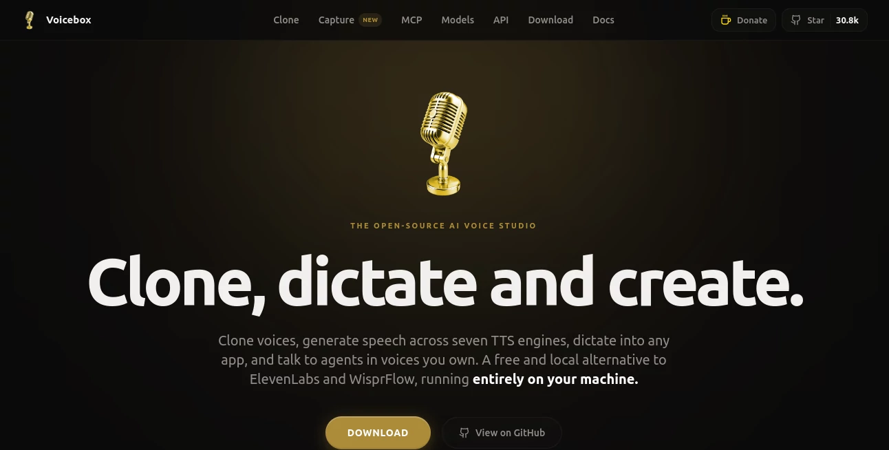 Screenshot of Voicebox – An AI tool in the ,AI Voice Cloning ,AI Speech Recognition ,AI Text to Speech ,AI Voice & Audio Editing  category, showcasing its interface and key features.
