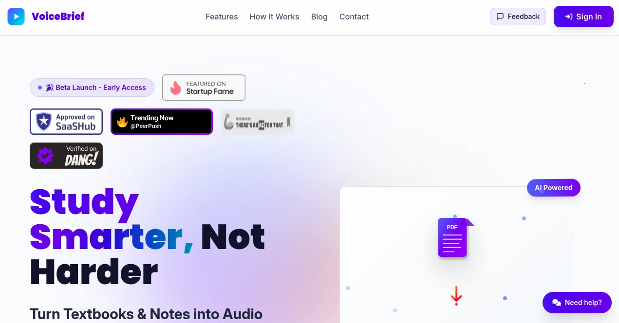Screenshot of VoiceBrief – An AI tool in the ,AI Audio Enhancer ,AI Homework Helper ,AI Education Assistant ,AI Notes Assistant  category, showcasing its interface and key features.