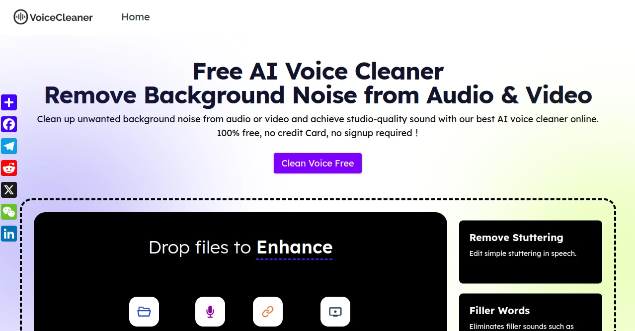 Screenshot of AI Voice Cleaner – An AI tool in the ,AI Noise Cancellation ,AI Audio Enhancer ,AI Speech to Text ,AI Voice & Audio Editing  category, showcasing its interface and key features.