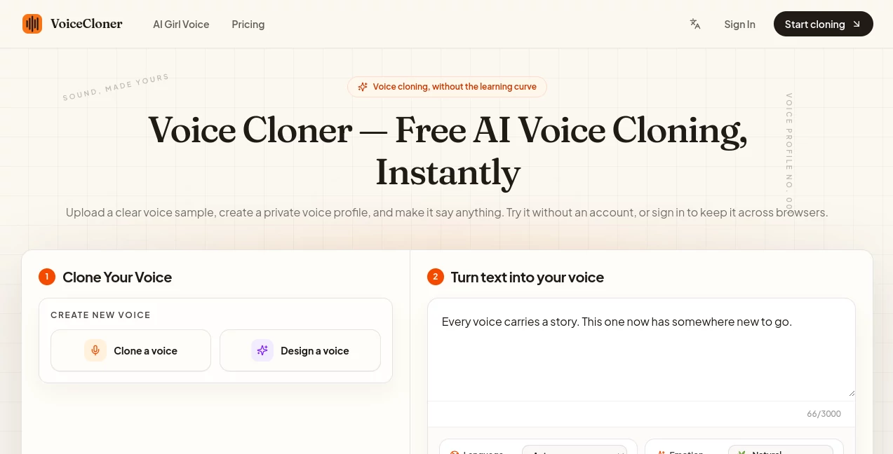 Screenshot of VoiceCloner – An AI tool in the ,AI Voice Cloning ,AI Text to Speech ,AI Speech Synthesis ,AI Voice & Audio Editing  category, showcasing its interface and key features.