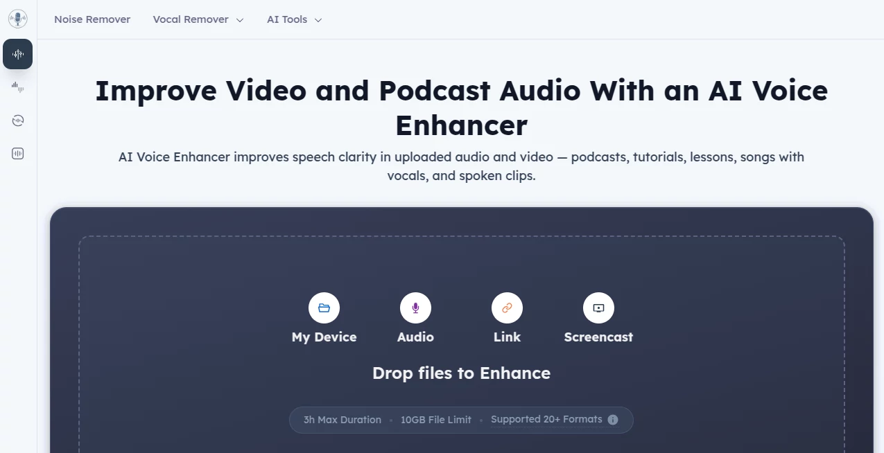 Screenshot of VoiceEnhancer AI – An AI tool in the ,AI Audio Enhancer ,AI Video Editor ,AI Noise Cancellation ,AI Voice & Audio Editing  category, showcasing its interface and key features.