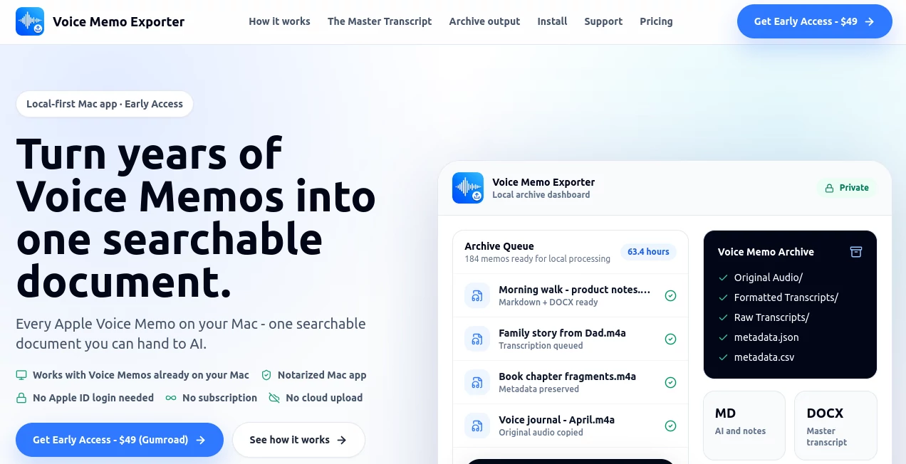 Screenshot of Voice Memo Exporter – An AI tool in the ,AI Productivity Tools ,AI Transcription ,AI Speech to Text  category, showcasing its interface and key features.