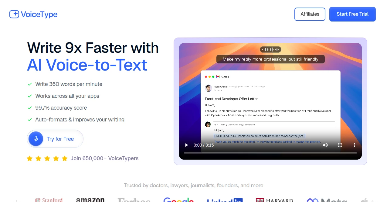 Screenshot of VoiceType – An AI tool in the ,AI Speech to Text ,AI Transcription ,AI Meeting Assistant ,AI Notes Assistant  category, showcasing its interface and key features.