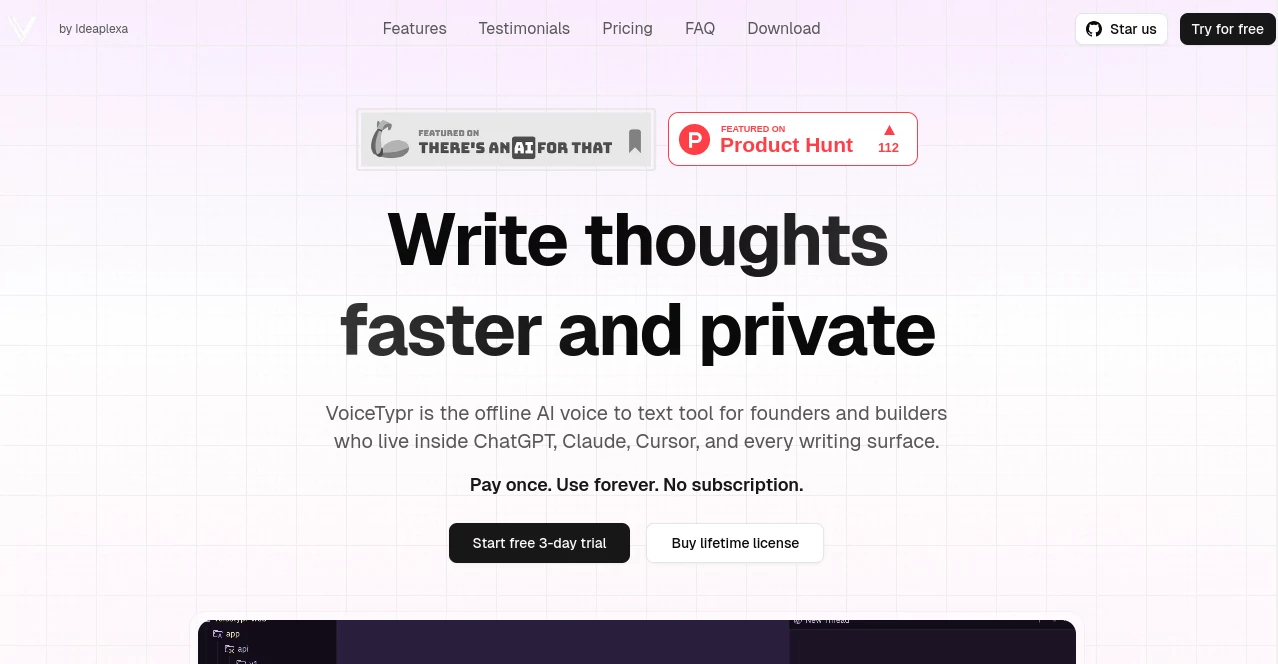 Screenshot of VoiceTypr – An AI tool in the ,AI Voice Assistants ,AI Transcription ,AI Speech to Text ,AI Notes Assistant  category, showcasing its interface and key features.