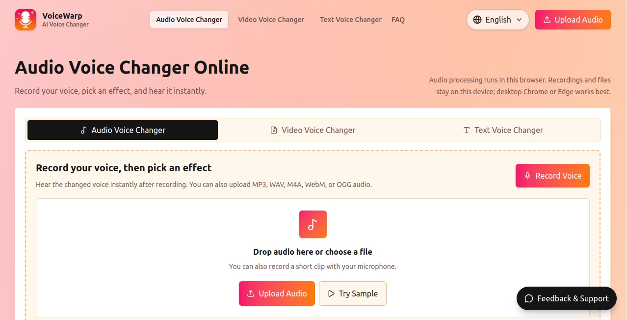 Screenshot of VoiceWarp – An AI tool in the ,AI Voice Changer ,AI Text to Speech ,AI Voice & Audio Editing  category, showcasing its interface and key features.