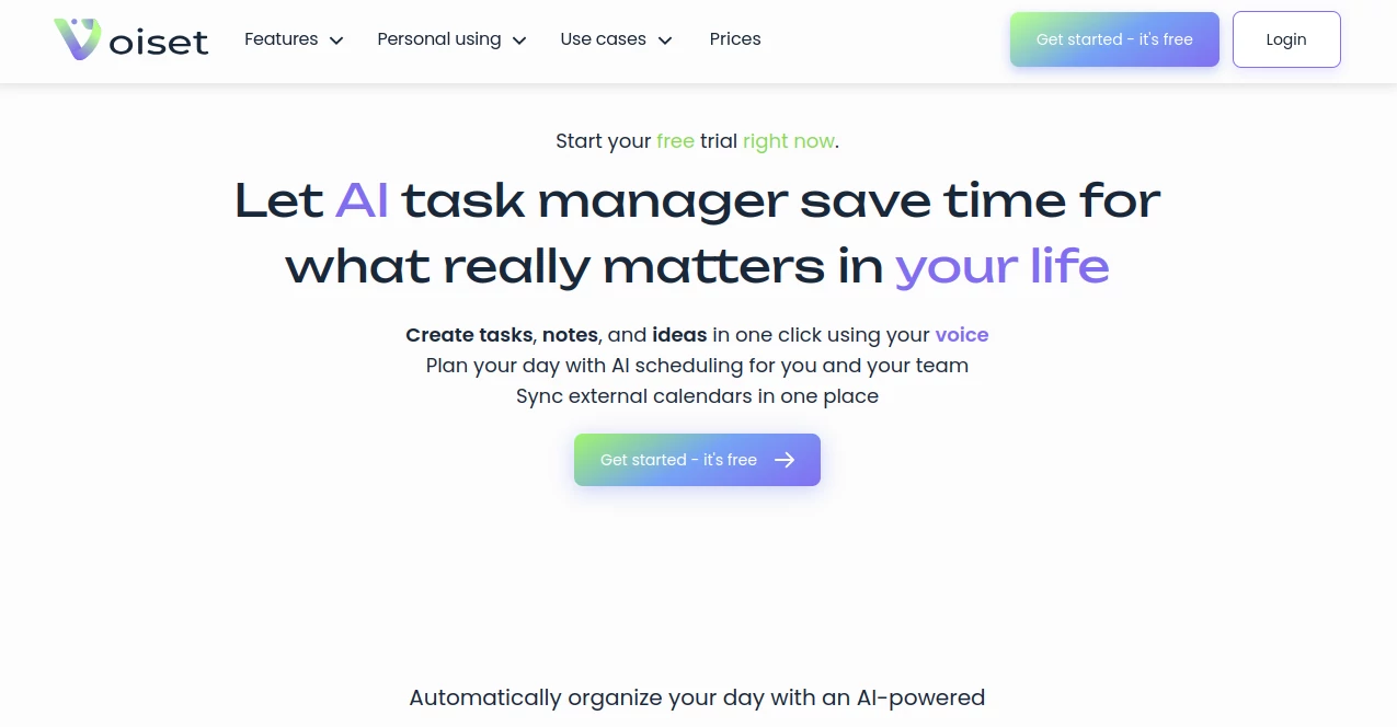 Screenshot of Voiset – An AI tool in the ,AI Scheduling ,AI Task Management ,AI Voice Assistants ,AI Notes Assistant  category, showcasing its interface and key features.