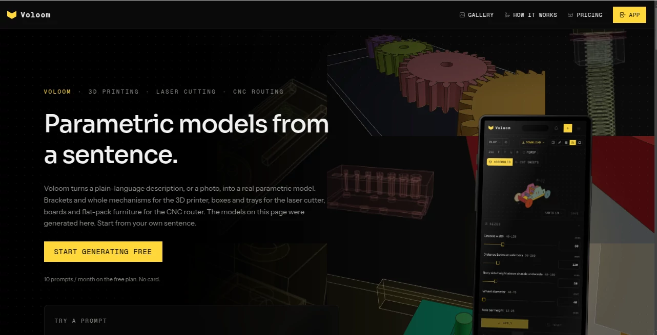 Screenshot of Voloom CAD – An AI tool in the ,AI 3D Model Generator ,AI Text to 3D ,AI Image to 3D Model ,3D  category, showcasing its interface and key features.