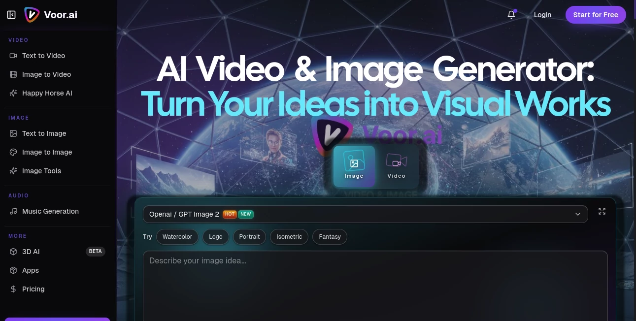 Screenshot of Voor AI – An AI tool in the ,AI Image to Video ,AI Text to Video ,AI Video Generator ,AI Art Generator  category, showcasing its interface and key features.