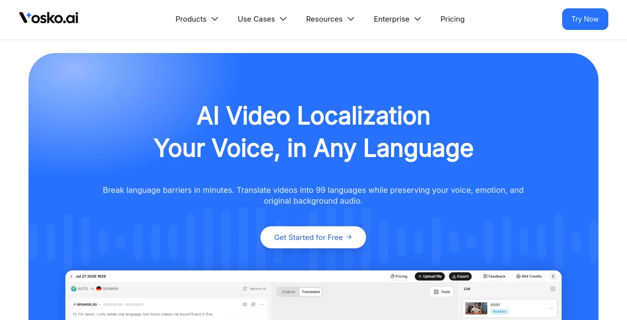 Screenshot of Vosko – An AI tool in the ,AI Video to Video ,AI Voice Cloning ,AI Video Generator ,AI Voice & Audio Editing  category, showcasing its interface and key features.