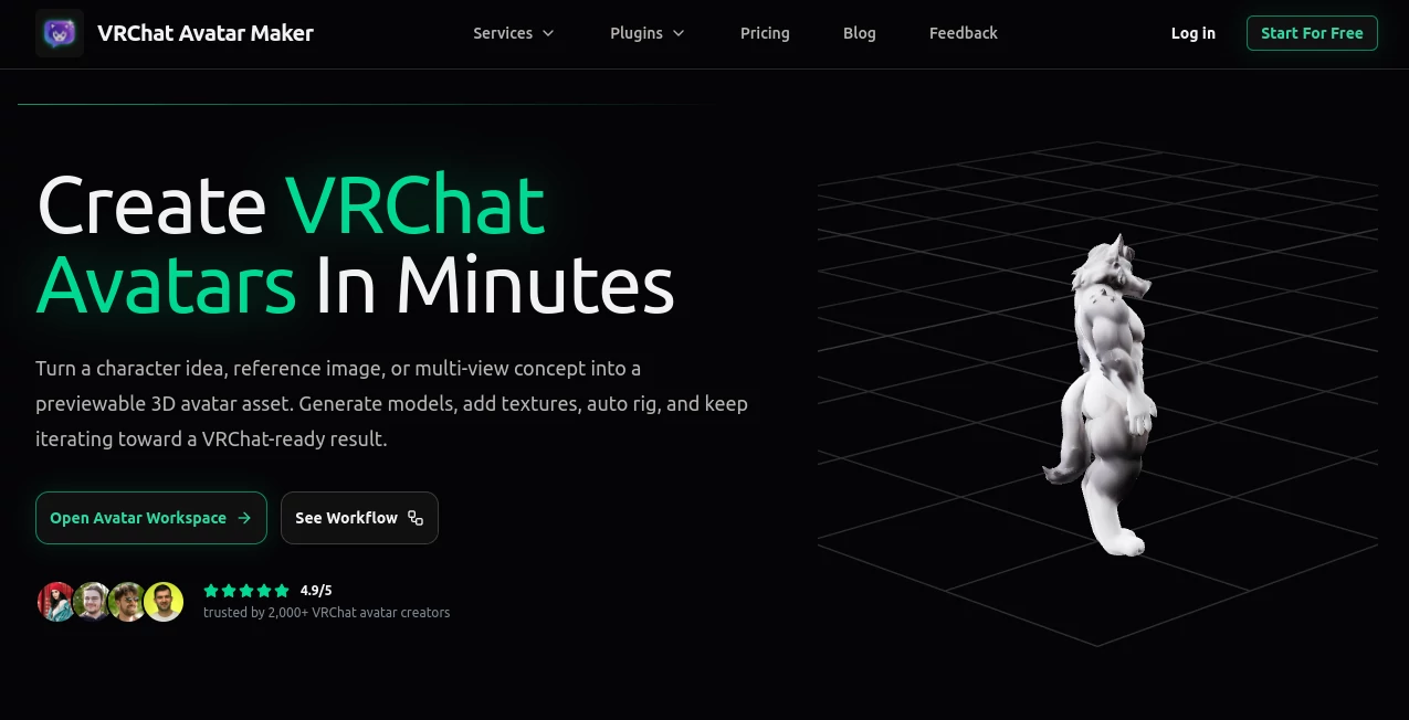 Screenshot of VRChat Avatar Maker - Create Texture & Rig 3D Avatars Online – An AI tool in the ,AI 3D Model Generator ,AI Avatar Generator ,AI Image to 3D Model ,AI Text to 3D  category, showcasing its interface and key features.