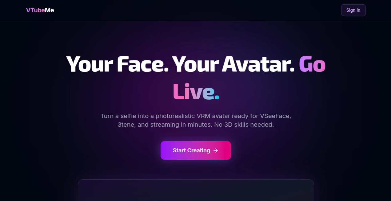 Screenshot of VTubeMe – An AI tool in the ,AI Avatar Generator ,AI Video Generator ,AI Voice Assistants  category, showcasing its interface and key features.