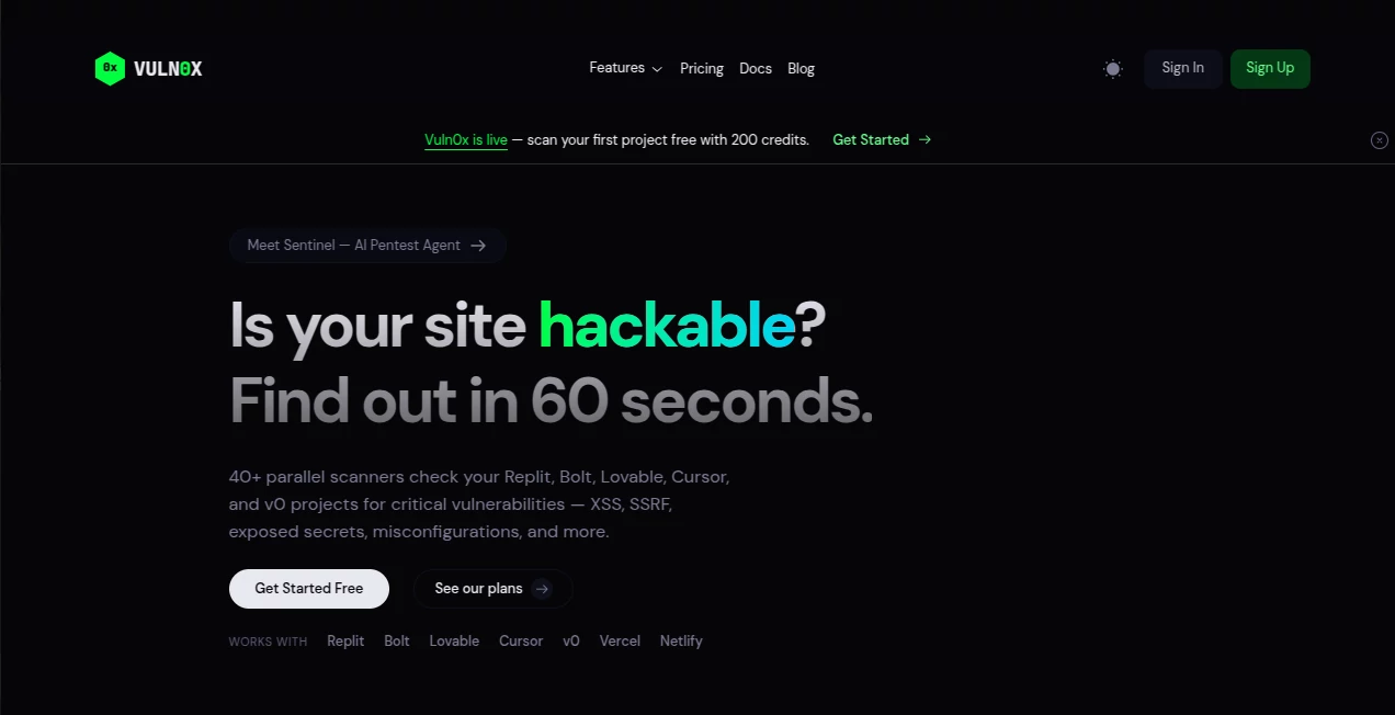 Screenshot of vuln0x – An AI tool in the ,AI Testing & QA ,AI Code Assistant ,AI Developer Tools ,AI Monitor & Report Builder  category, showcasing its interface and key features.