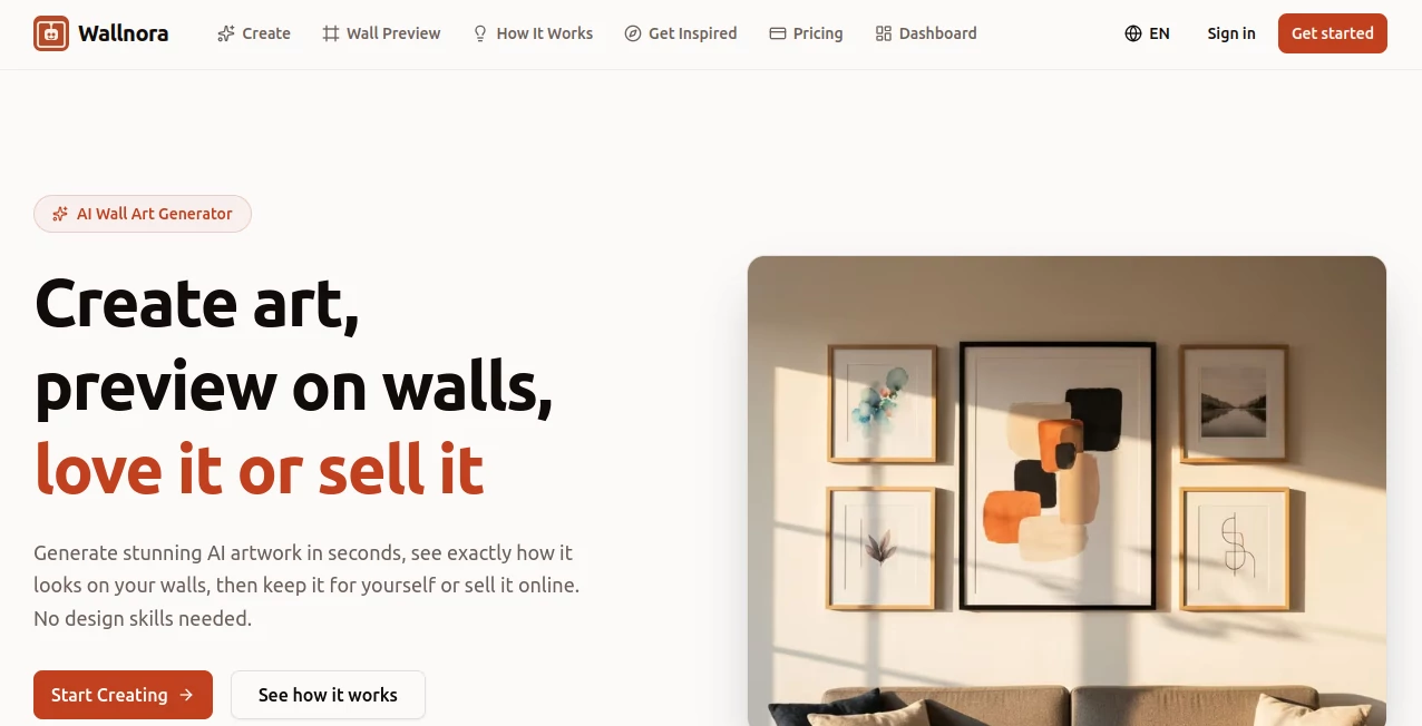 Screenshot of Wallnora – An AI tool in the ,AI Photo & Image Generator ,AI Illustration Generator ,AI Art Generator ,AI Design Generator  category, showcasing its interface and key features.