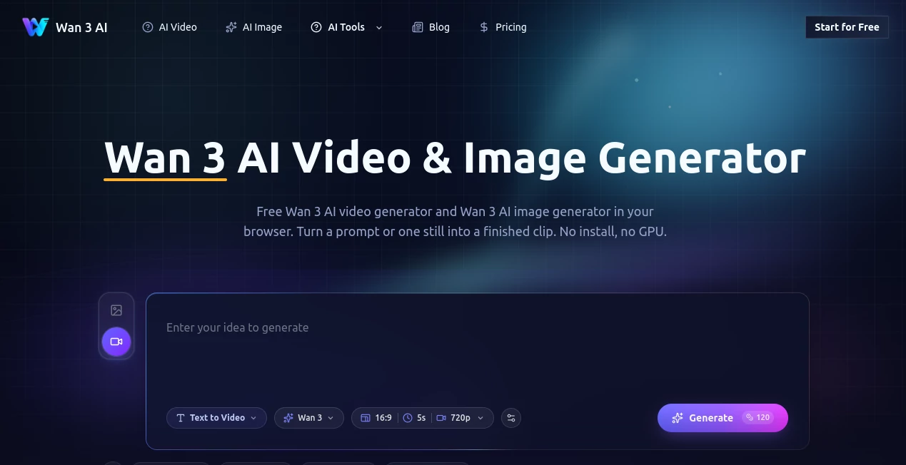 Screenshot of Wan 3 – An AI tool in the ,AI Video to Video ,AI Image to Video ,AI Video Generator ,AI Text to Video  category, showcasing its interface and key features.
