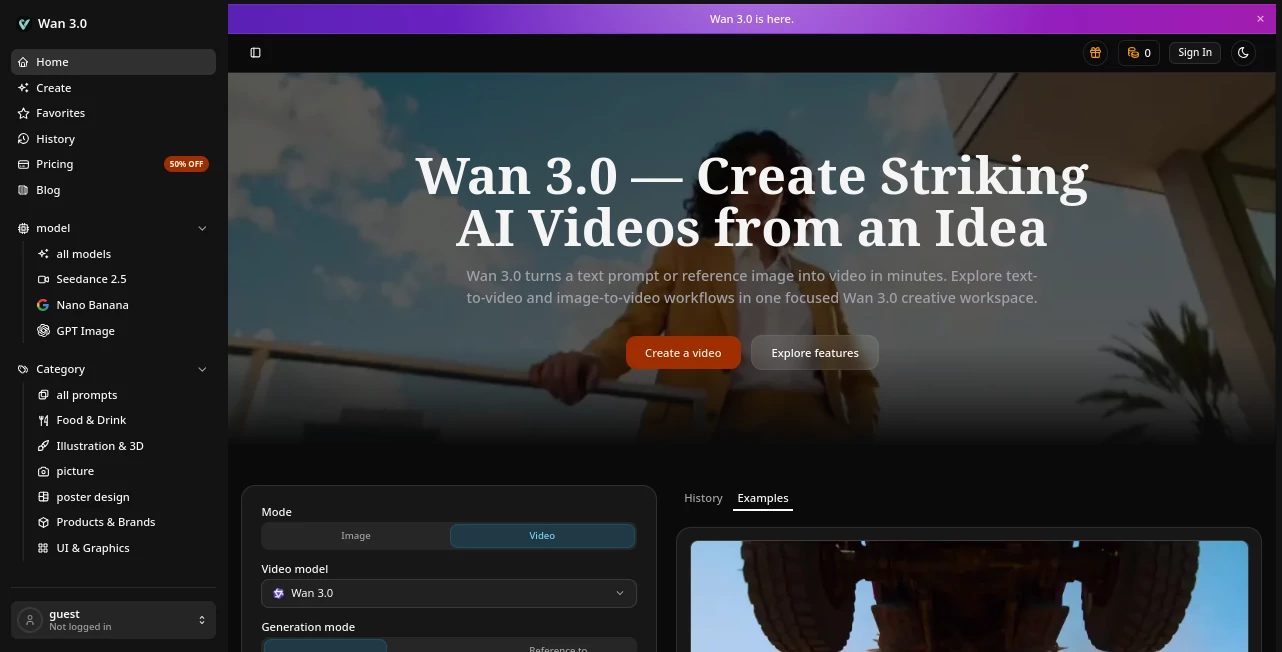 Screenshot of Wan 3.0 – An AI tool in the ,Video  category, showcasing its interface and key features.
