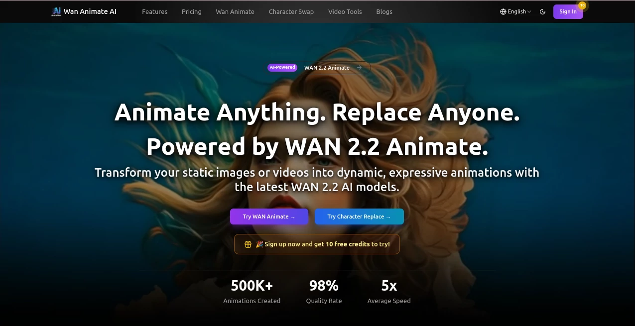 Screenshot of Wan Animate AI – An AI tool in the ,AI Animated Video ,AI Image to Video ,AI Video Generator ,AI Character  category, showcasing its interface and key features.
