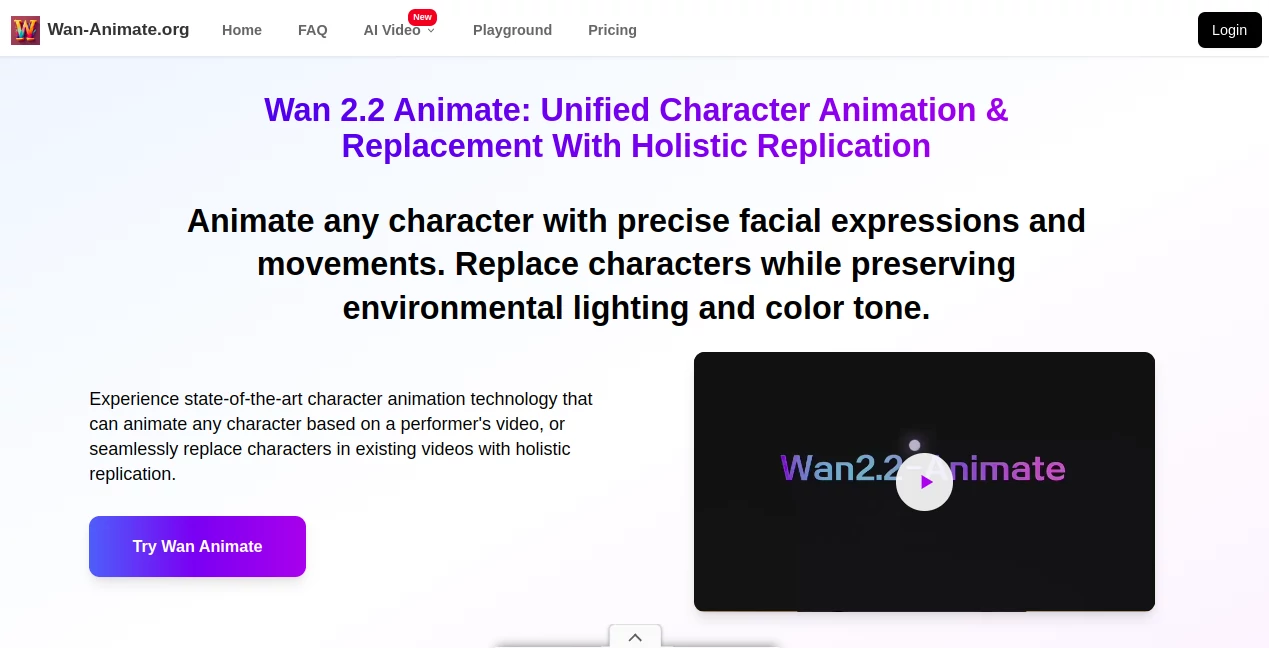 Screenshot of Wan-Animate.org – An AI tool in the ,AI Anime & Cartoon Generator ,AI Animated Video ,AI Image to Video ,AI Video Generator  category, showcasing its interface and key features.