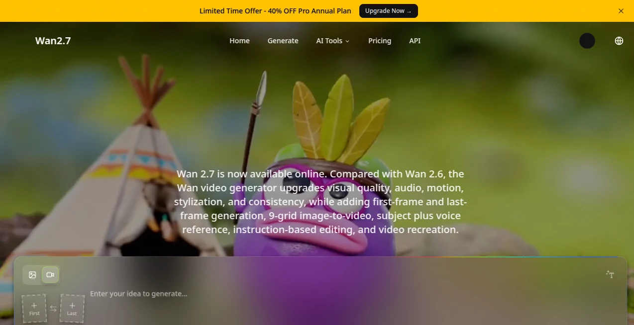 Screenshot of Wan2.7 AI – An AI tool in the ,AI Image to Video ,AI Video Generator ,AI Video Enhancer ,AI Text to Video  category, showcasing its interface and key features.