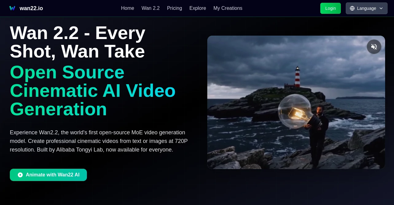 Screenshot of wan22.io – An AI tool in the ,AI Animated Video ,AI Image to Video ,AI Video Generator ,AI Text to Video  category, showcasing its interface and key features.