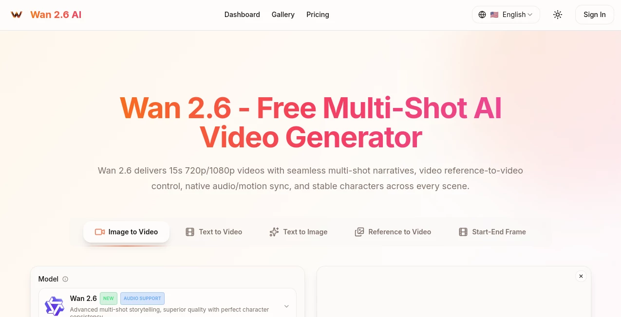 Screenshot of Wan 2.6 AI – An AI tool in the ,AI Animated Video ,AI Image to Video ,AI Text to Video ,AI Video Generator  category, showcasing its interface and key features.
