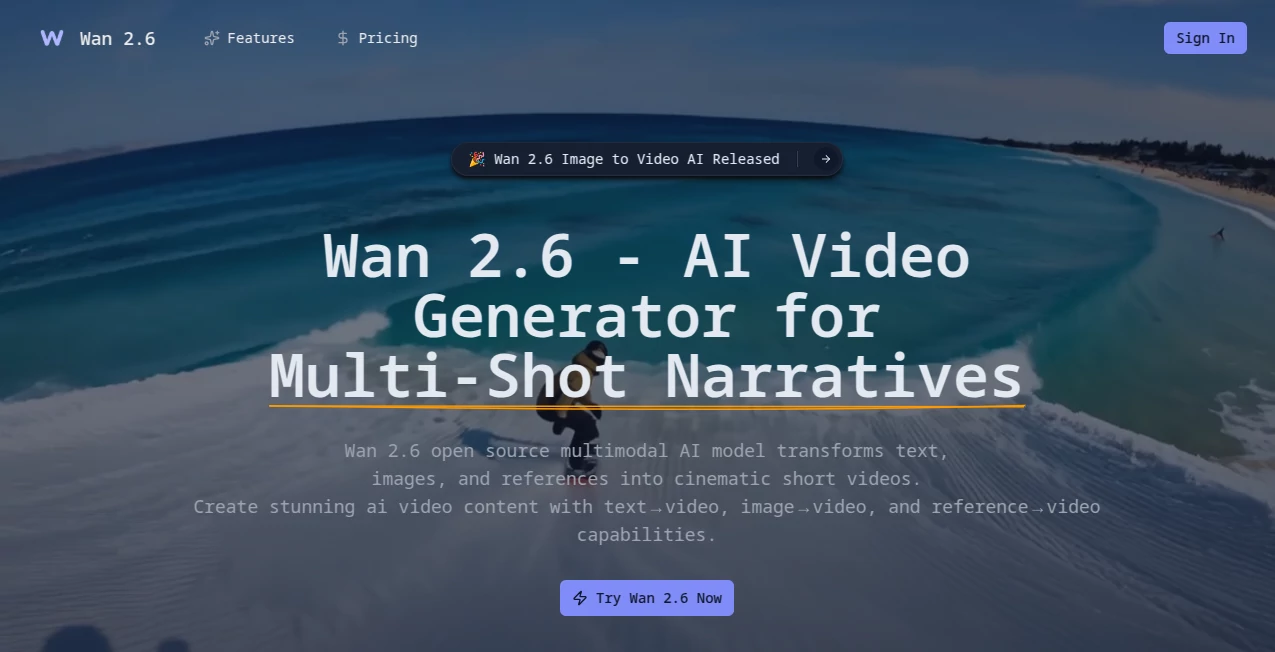 Screenshot of Wan 2.6 – An AI tool in the ,AI Animated Video ,AI Image to Video ,AI Video Generator ,AI Text to Video  category, showcasing its interface and key features.