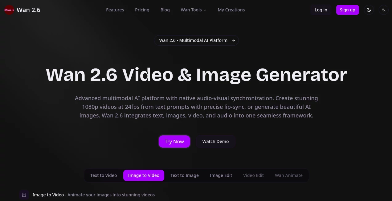 Screenshot of wan2.6 – An AI tool in the ,AI Photo & Image Generator ,AI Image to Video ,AI Text to Video ,AI Video Generator  category, showcasing its interface and key features.