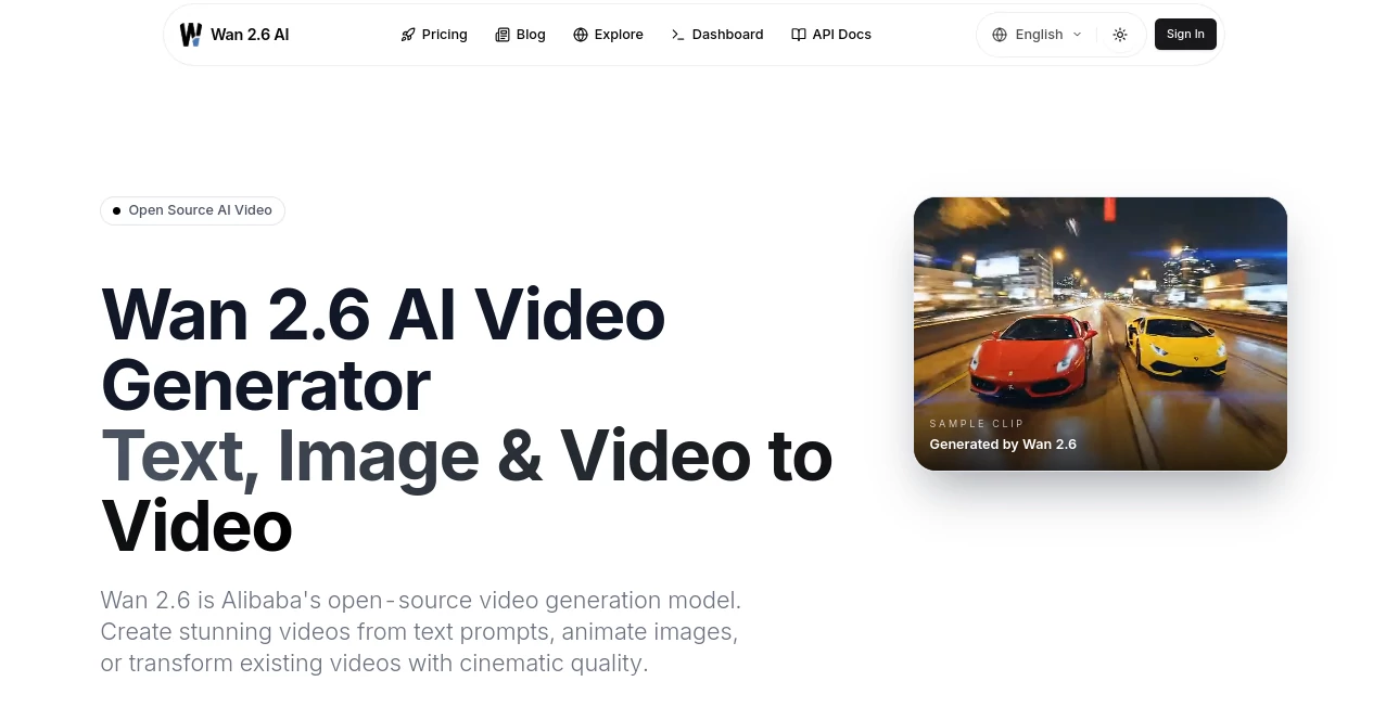 Screenshot of Wan 2.6 AI – An AI tool in the ,AI Video to Video ,AI Image to Video ,AI Video Generator ,AI Text to Video  category, showcasing its interface and key features.
