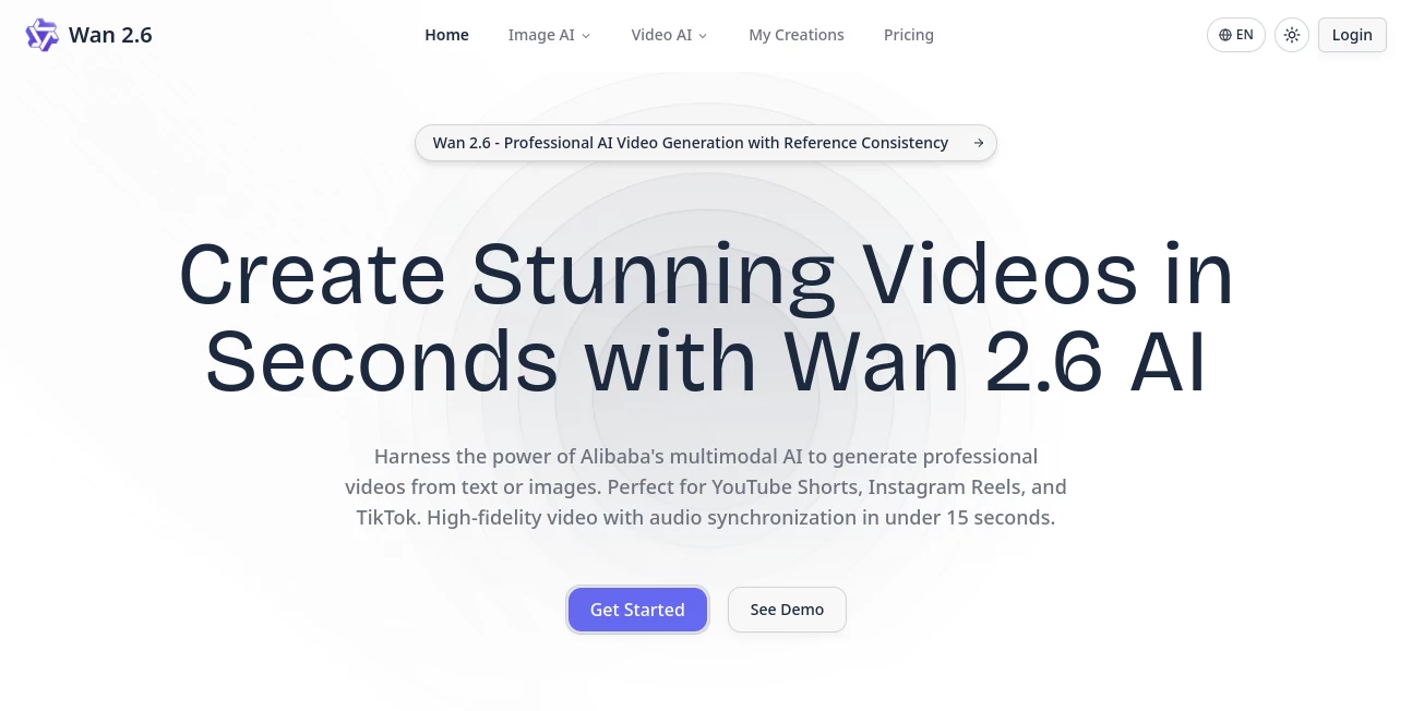Screenshot of Wan 2.6 – An AI tool in the ,AI Animated Video ,AI Image to Video ,AI Text to Video ,AI Video Generator  category, showcasing its interface and key features.