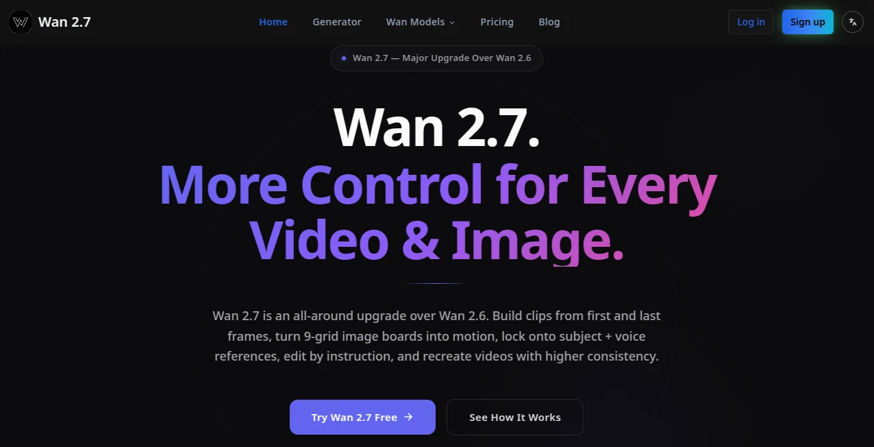 Screenshot of Wan 2.7 – An AI tool in the ,AI Animated Video ,AI Image to Video ,AI Video Generator ,AI Text to Video  category, showcasing its interface and key features.