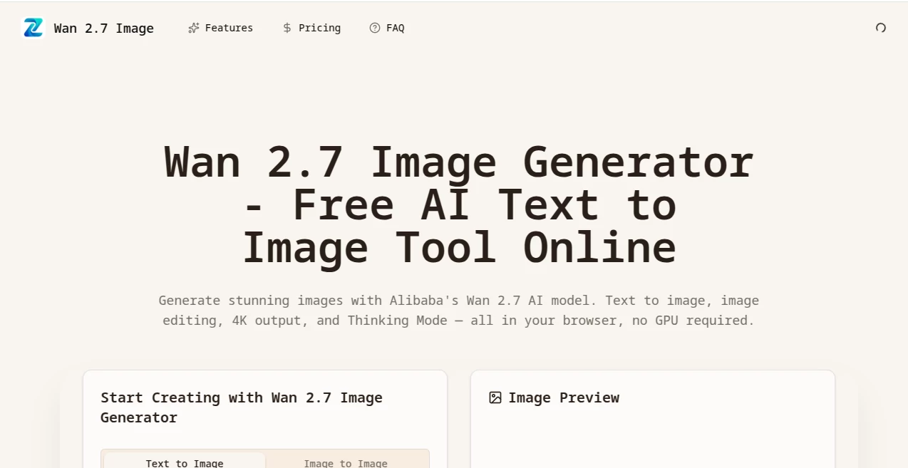 Screenshot of Wan 2.7 Image Generator – An AI tool in the ,AI Chatbot ,AI Content Generator ,AI Code Assistant ,AI General Writing  category, showcasing its interface and key features.