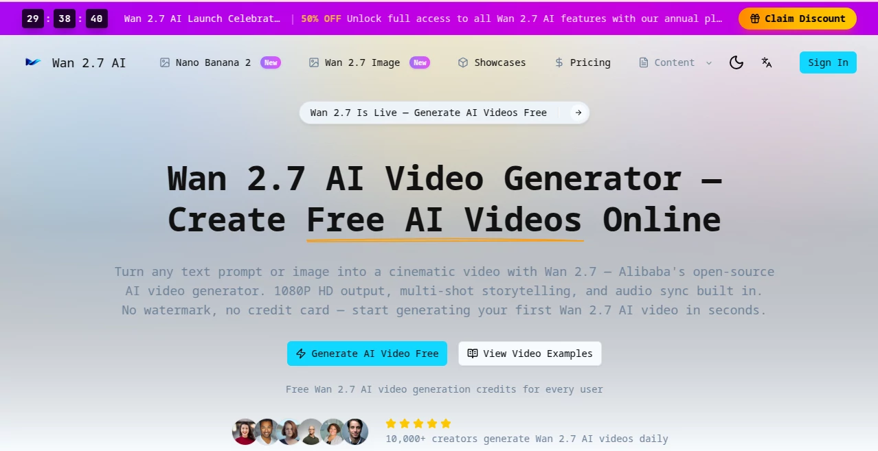 Screenshot of Wan 2.7 AI – An AI tool in the ,AI Animated Video ,AI Image to Video ,AI Text to Video ,AI Video Generator  category, showcasing its interface and key features.