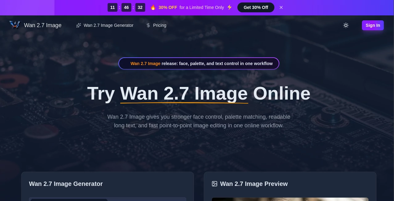 Screenshot of Wan 2.7 Image – An AI tool in the ,AI Art Generator ,AI Design Generator ,AI Image to Image ,AI Text to Image  category, showcasing its interface and key features.
