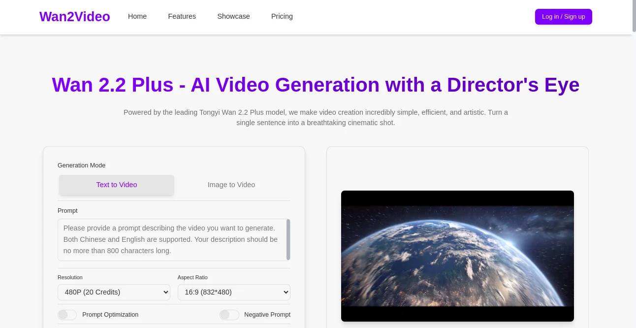 Screenshot of wan2video – An AI tool in the ,AI Animated Video ,AI Video Editor ,AI Text to Video ,AI Video Generator  category, showcasing its interface and key features.