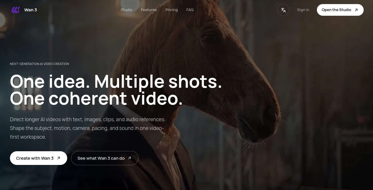 Screenshot of Wan 3 – An AI tool in the ,AI Image to Video ,AI Video Generator ,AI Video Editor ,AI Text to Video  category, showcasing its interface and key features.