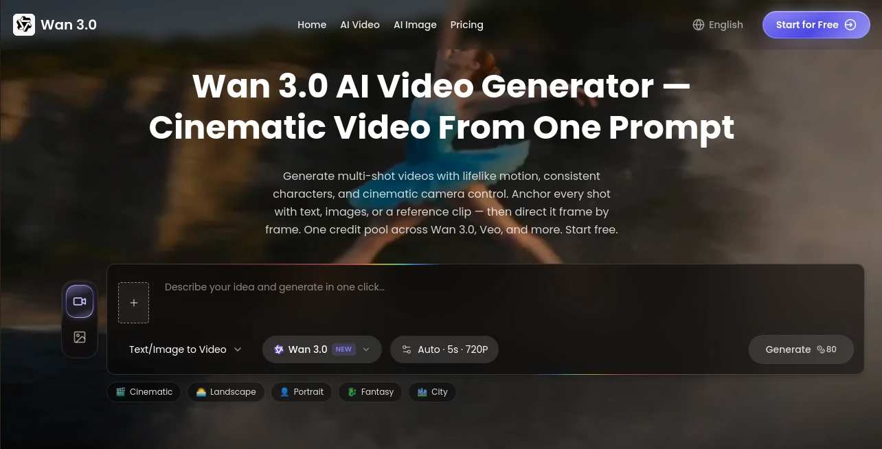 Screenshot of Wan 3.0 – An AI tool in the ,AI Video to Video ,AI Image to Video ,AI Video Generator ,AI Text to Video  category, showcasing its interface and key features.