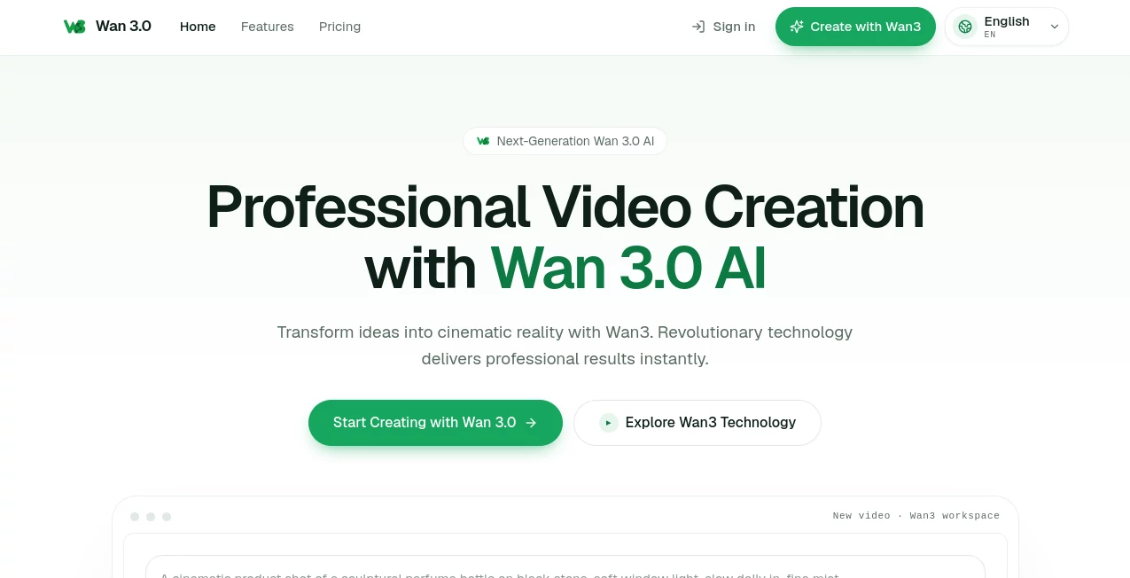 Screenshot of Wan 3.0 – An AI tool in the ,AI Image to Video ,AI Video Generator ,AI Text to Video  category, showcasing its interface and key features.