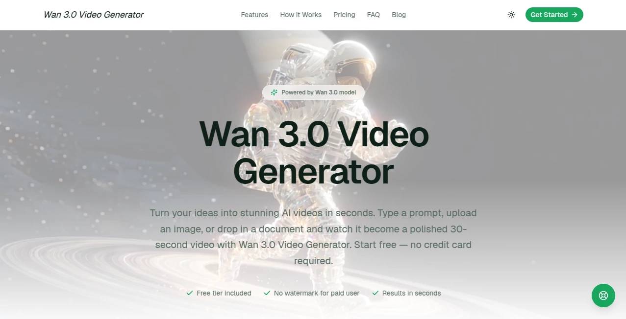 Screenshot of Wan 3.0 Video Generator – An AI tool in the ,AI Image to Video ,AI Video Generator ,AI Video Editor ,AI Text to Video  category, showcasing its interface and key features.